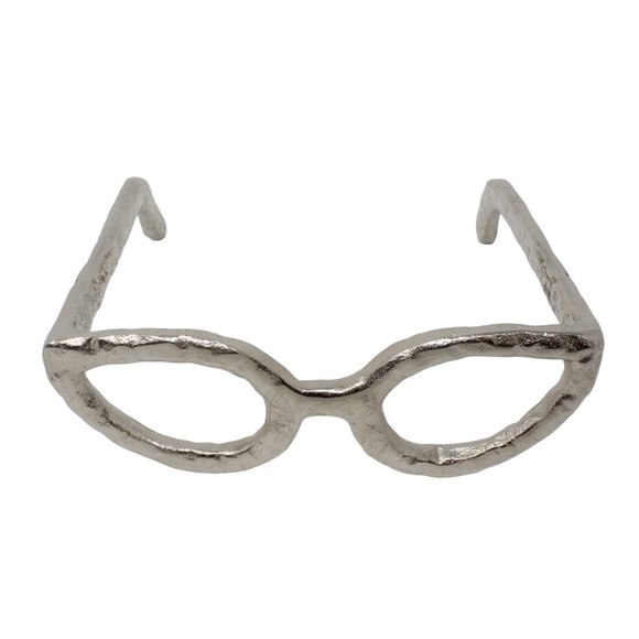 Large Retro Cat Eye Silver Glasses Aluminum Sculpture Decor 8" W x 8" L x 3" H - Picture 1 of 4